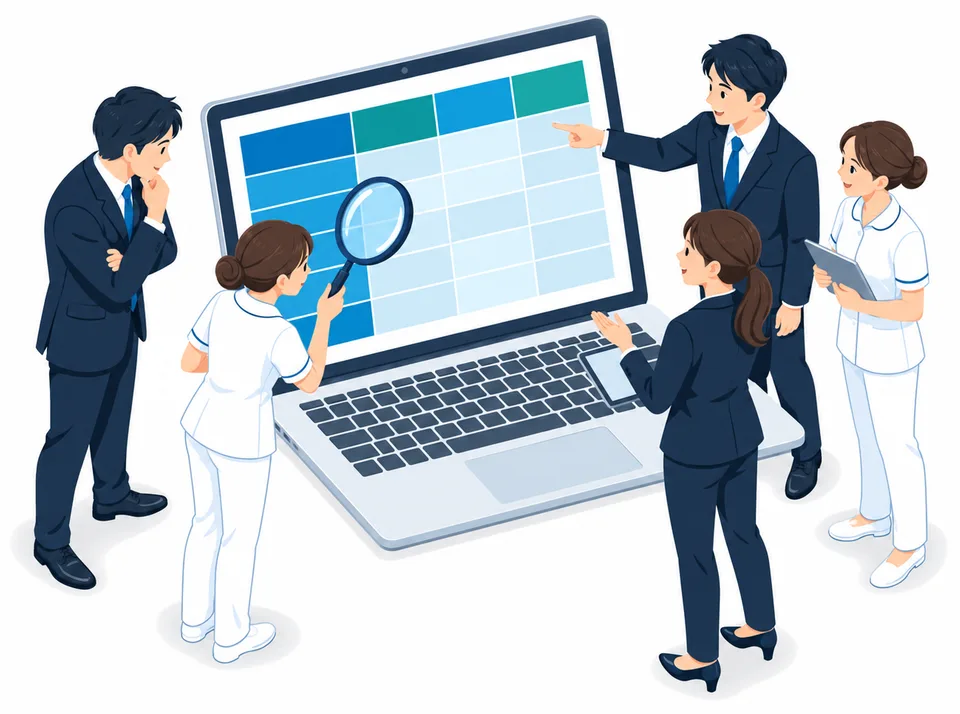 看護師と企業の担当者が、パソコンに映った比較表を確かめている